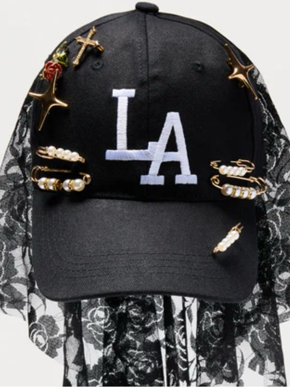 LA Embroidered Black Baseball Cap with Gold Pearl Charms